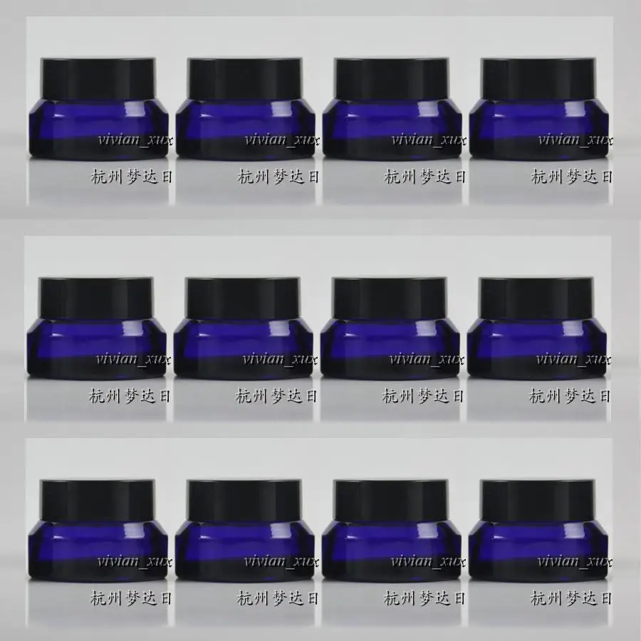 

30pcs wholesale empty 15g blue glass cream jar with black plastic lid, 15 g glass cosmetic jar for eye cream whoelsale