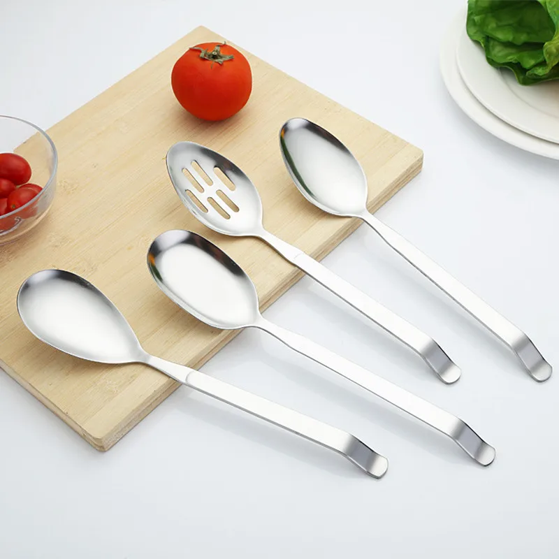 

Stainless Steel Vegetable Serving Spoon, Colander Spoon, Curved Tail Handle, Kitchenware Hollow Out Scoop, 4Pcs Set, 28cm
