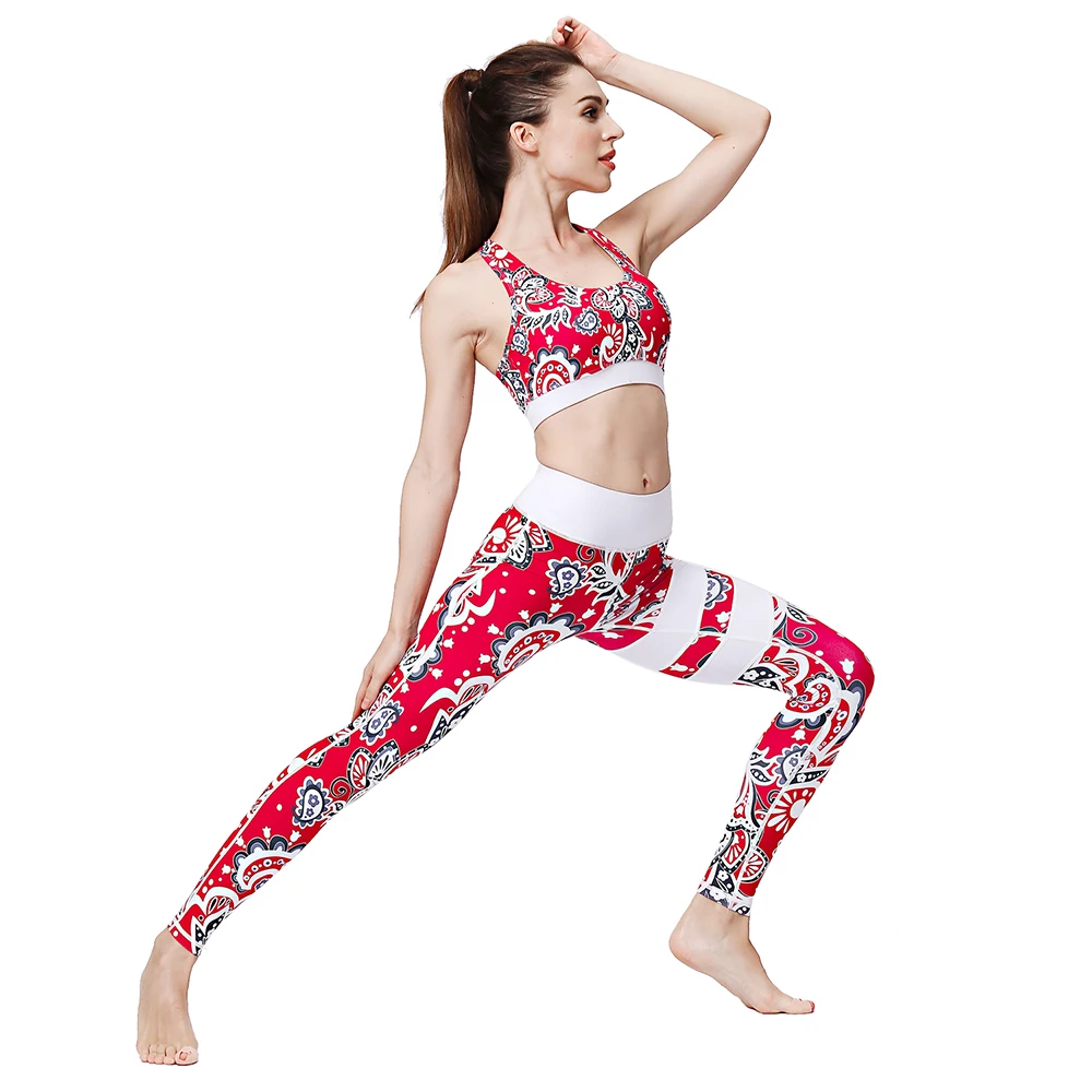 LUKITAS Fitness Women Gym Yoga Sets 2pcs Bra+Pant Sportswear Sexy Print High Elastic Breathable Running Training Sport Suit S-XL