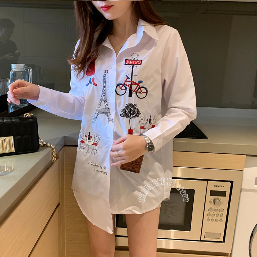 Women Embroidery Long White Blouse Button Up Turn Down Collar Full Sleeve Shirt Tower Cat Bicycle Casual Feminina Top T96415F