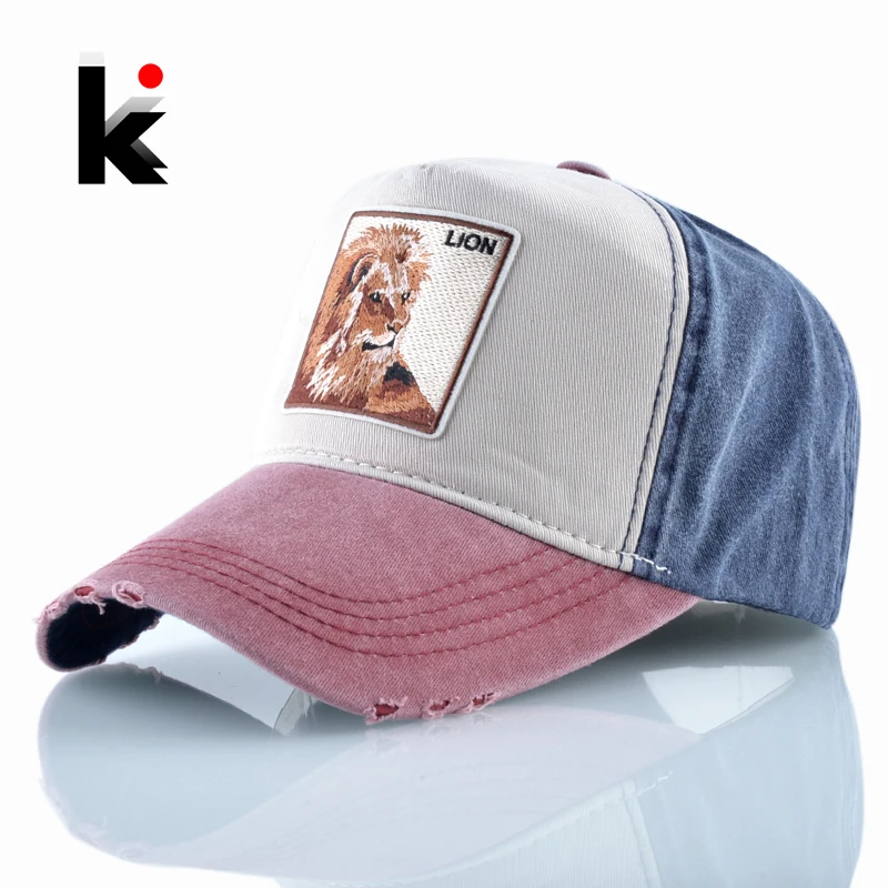 Spring Baseball Cap Men Women Fashion Lion Embroidery Snapback Hat Summer Cotton Grinding Washed denim Hip Hop Bone Casquette