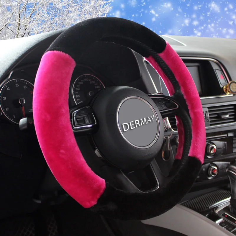 New Winter Plus Warm Car Steering Wheel Cover Two-Tone Color Auto Steering-Wheel Case Universal Size M 38CM 15 inch Anti Slip