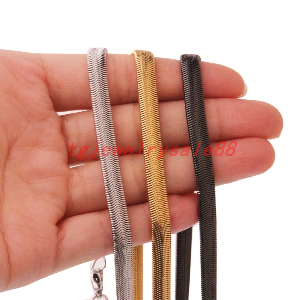 6mm Wide Stainless Steel Flat Snake Herringbone Chain Necklace Choker Women's Men's Silver Color Gold Color Jewelry 20/24/28inch