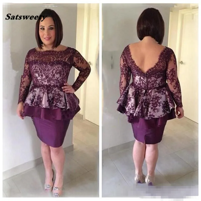 

Grape Lace Sheath Mother Dresses Low Back Long Sleeves Short Mother Of The Bride Gowns Knee Length Women Formal Prom Dress