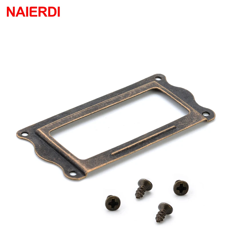 10pcs NAIERDI Antique Brass Handle 64*32mm Label Pull Frame Name Card Holder Cabinet Drawer Box Case Knob For Furniture Hardware