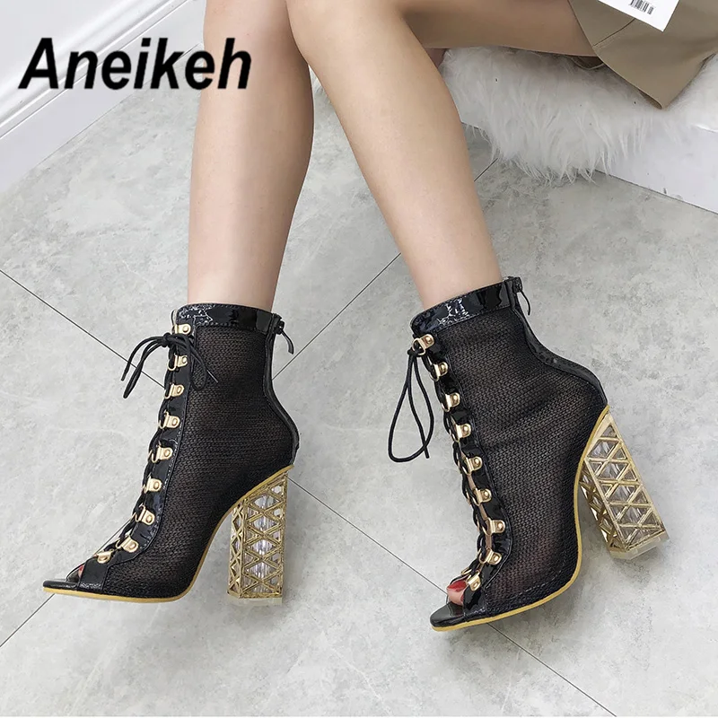 Aneikeh Size 41 42 43  Sexy Golden Bling Gladiator Sandals Women Pumps Ladies Shoes Lace-Up High Heels ANKLE Boots Fashion 2024