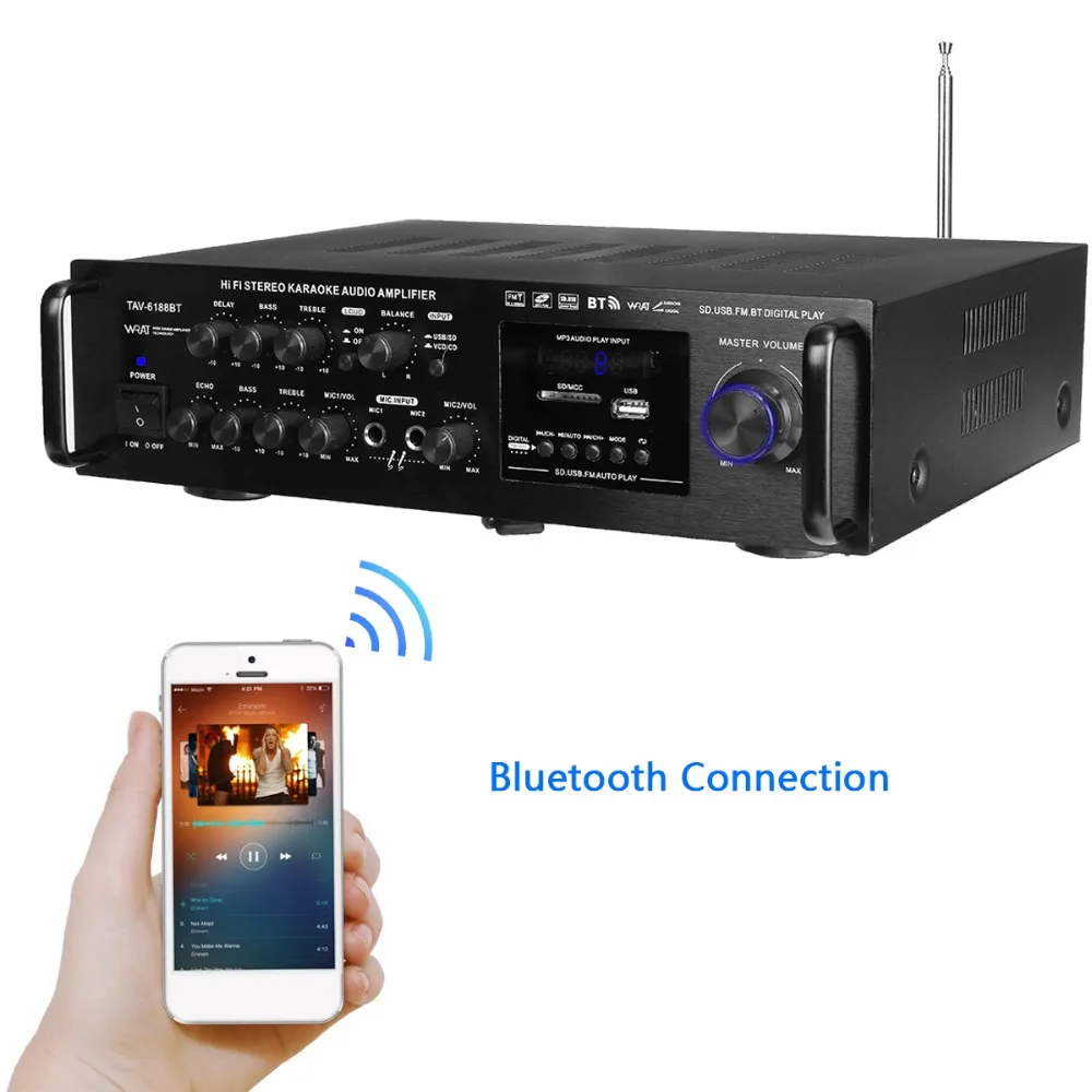 220-240V 2000W Wireless Digital Audio Amplifier 4ohm bluetooth Stereo Karaoke Amplifier 2 MIC Input FM RC Home Theater Amplifier