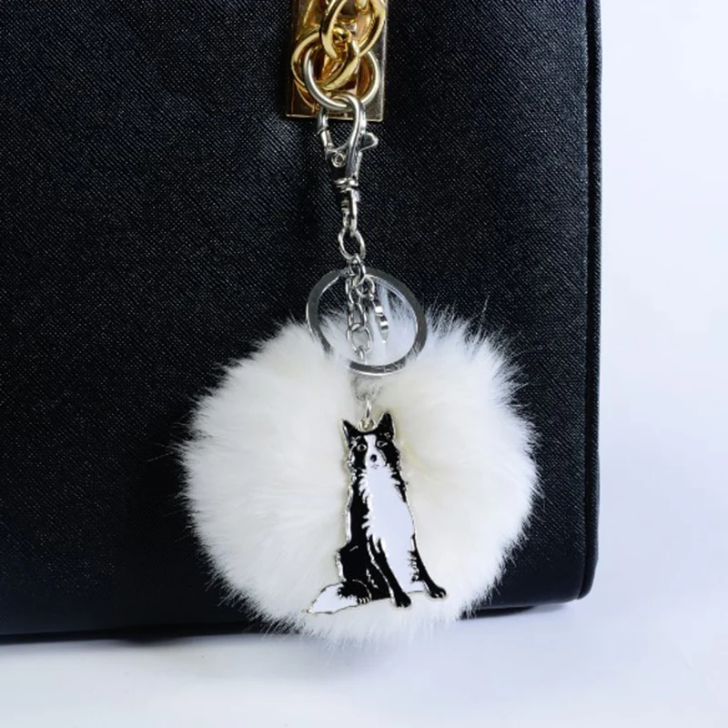 Rabbit Fur Pompom Border Collie Key Chains For Women Men Alloy Pom Pom Ball Dog Pendant Bag Charm Keyring Car Keychain Key Ring