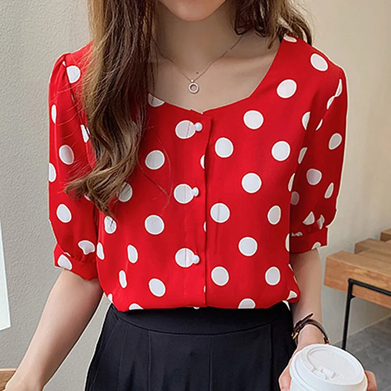 2020 Women Summer Polka Dot Loose Blouses O Neck Short Sleeve Dot Print Button Up Chiffon Blouse