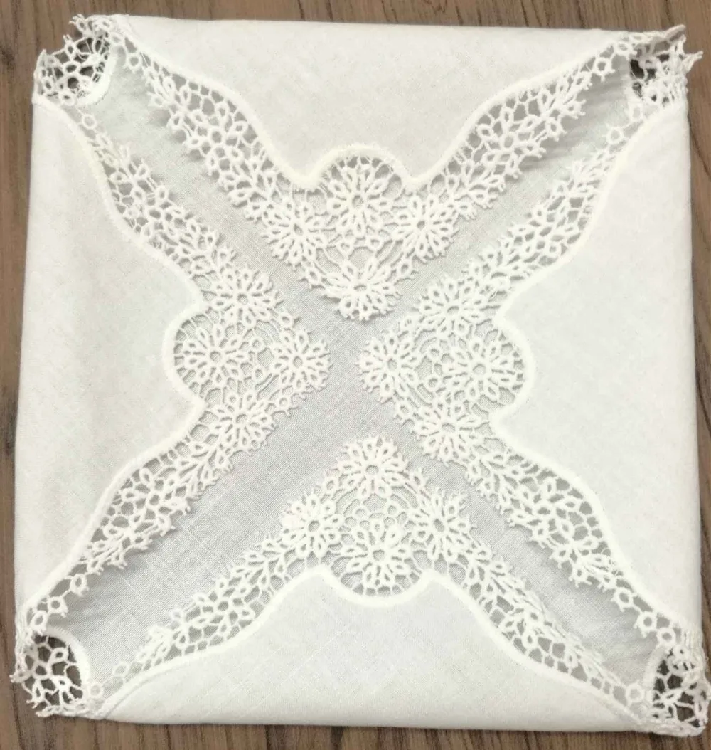 Set of 12 Fashion White Linen Table Napkin Tea Napkins Flowers Crochet Lace Trims Dinner Napkins 12x12-Inch