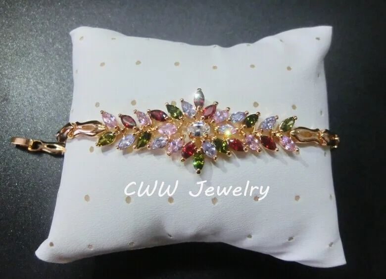 CWWZircons Sparkling Yellow Gold Color Designer White Red Green Cubic Zirconia Big Flower Charm Bracelets For Women CB073