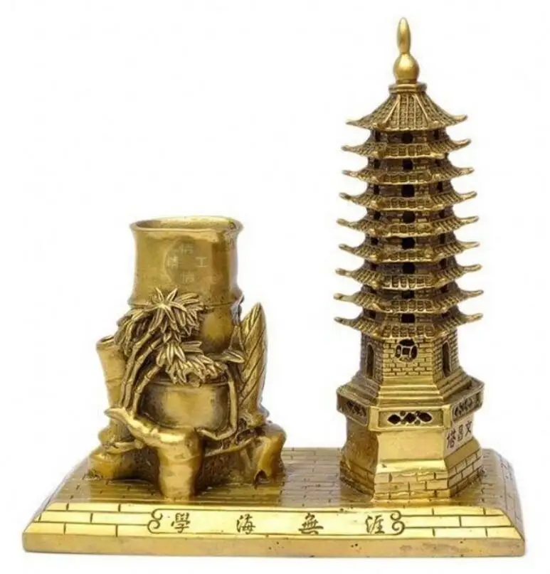 

Chinese exquisite carving brass, Wenchang tower, bamboo shoots, pen holder, statue