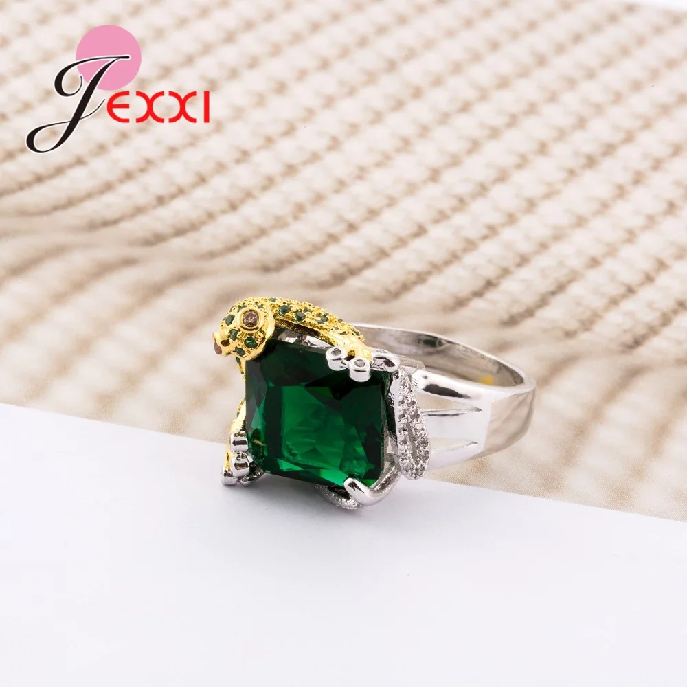 Anillo de Plata de Ley 925 con forma de rana dorada para mujer, sortija geométrica de alta calidad con cristal verde cuadrado, joyería de fiesta