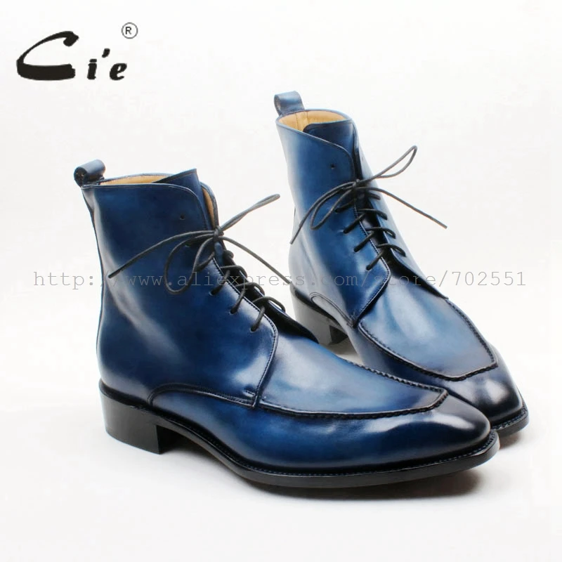 

cie Square Toe Custom Handmade Hand-painted Blue 100% Genuine Calf Leather Italian Goodyear Welted Hidden Suture Men Boot A 155