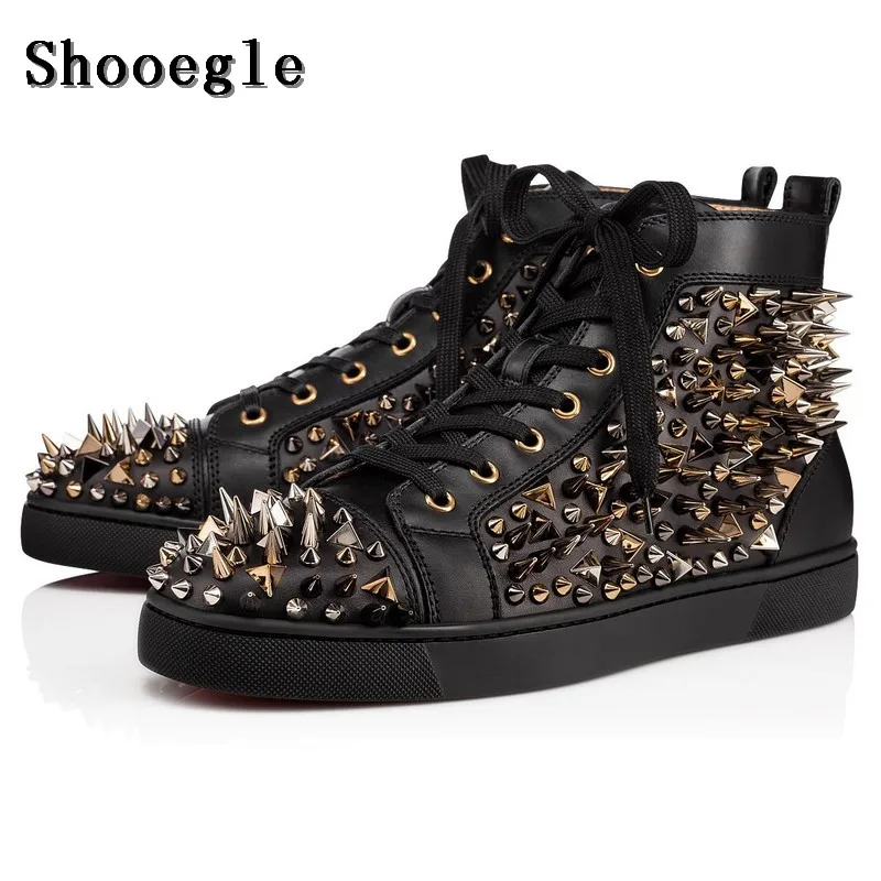 New Black/White Leather Rivets Men Shoes High-Top Fashion Spike Shoes Outdoors Flats Casual Shoes