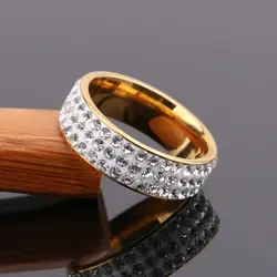 Vintage 3 Rows Crystal Gold Color Stainless Steel Rings for Women Boho Wedding Engagement Rings Jewelry Width 6mm anillos mujer