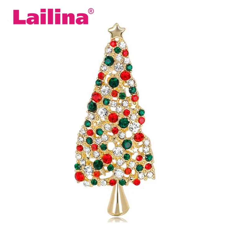 

Colorful Christmas Tree Brooches New Beautiful Crystal Gold Color Brooch Pin Jewelry For Xmas Gift