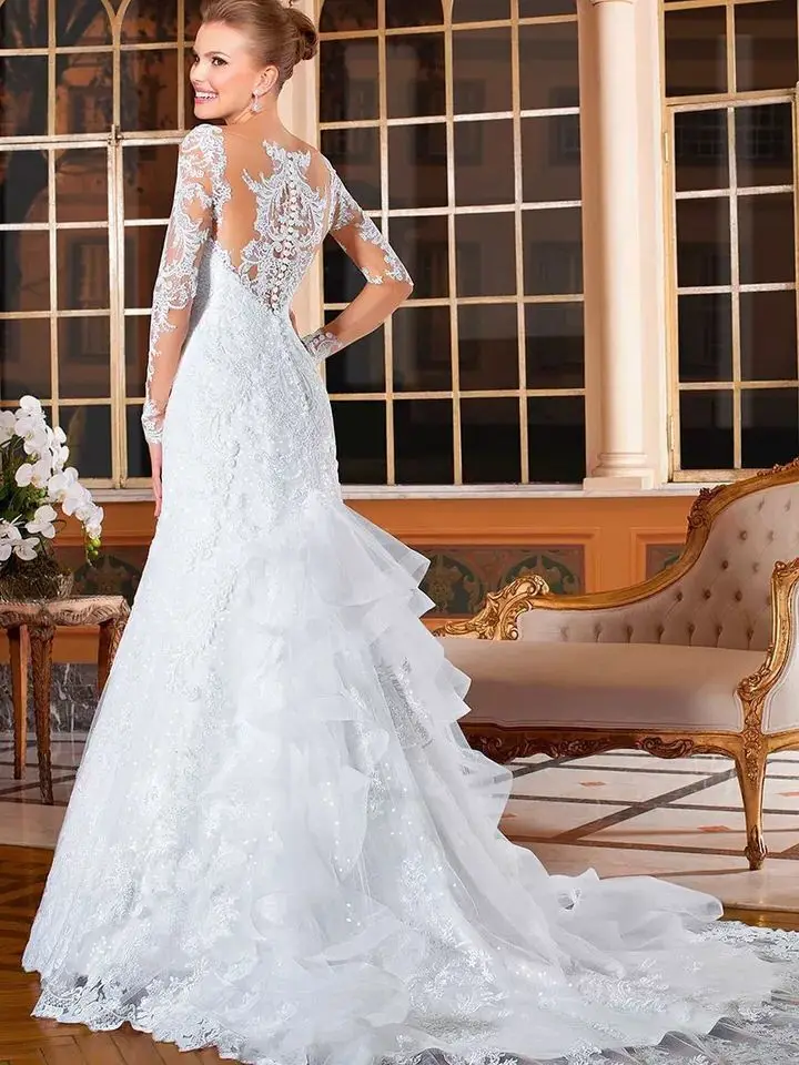 Giá rẻ Đầm Vestido de noiva 2019 Tự Làm Vestidos de novia Tay Dài Ren Nàng Tiên Cá Váy Cưới xù Đuôi Cá Áo Cưới