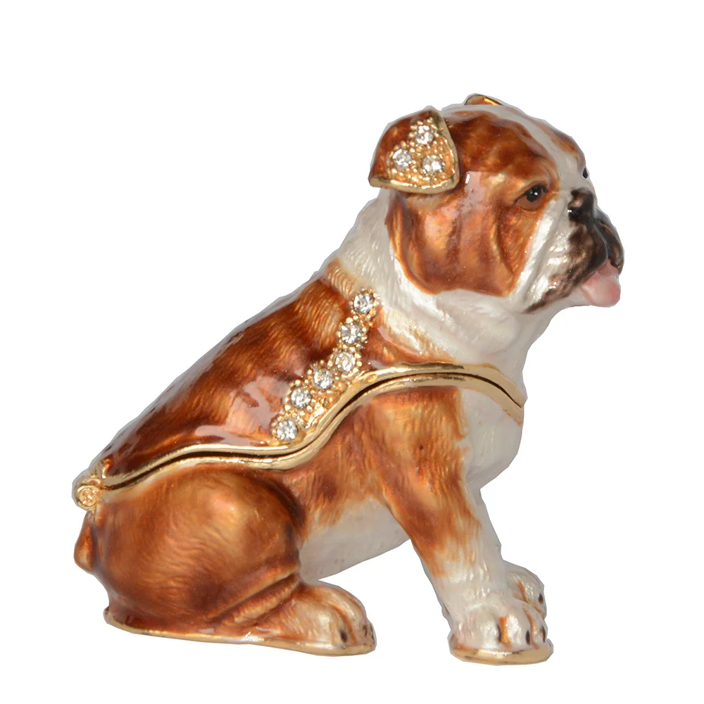 Enameled Bulldog Trinket Box, Animal Figurine Sculpture, Miniature Figurine, Crystal Ornament, Cute Gift for Dog Lover