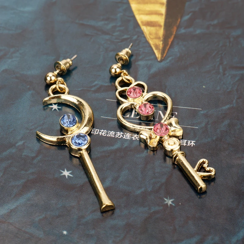 dongsheng Japanese Anime Sakura Gold Color Moon with Red Blue Crystal Moon Magic Wand Key Shape Earrings For Girls Gifts-15