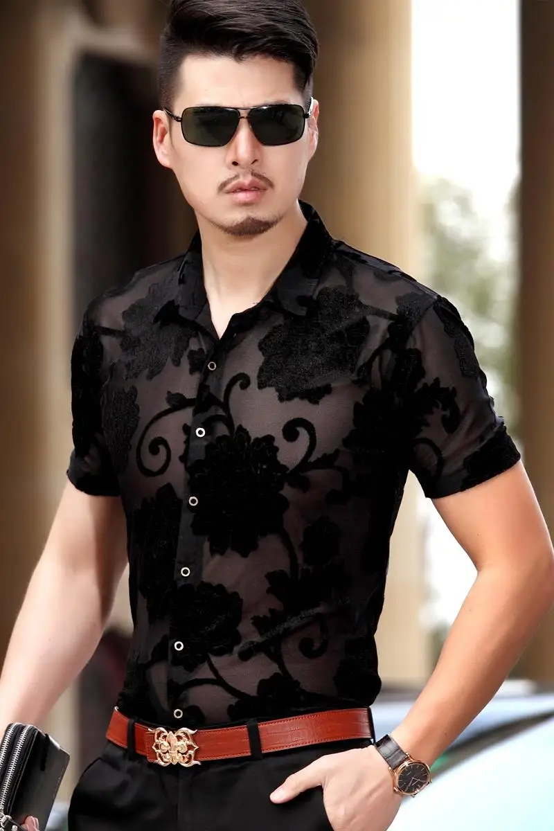 Man Transparent Shirts Summer Sexy Floral Clubwear Male Short Sleeve See Through Clothes