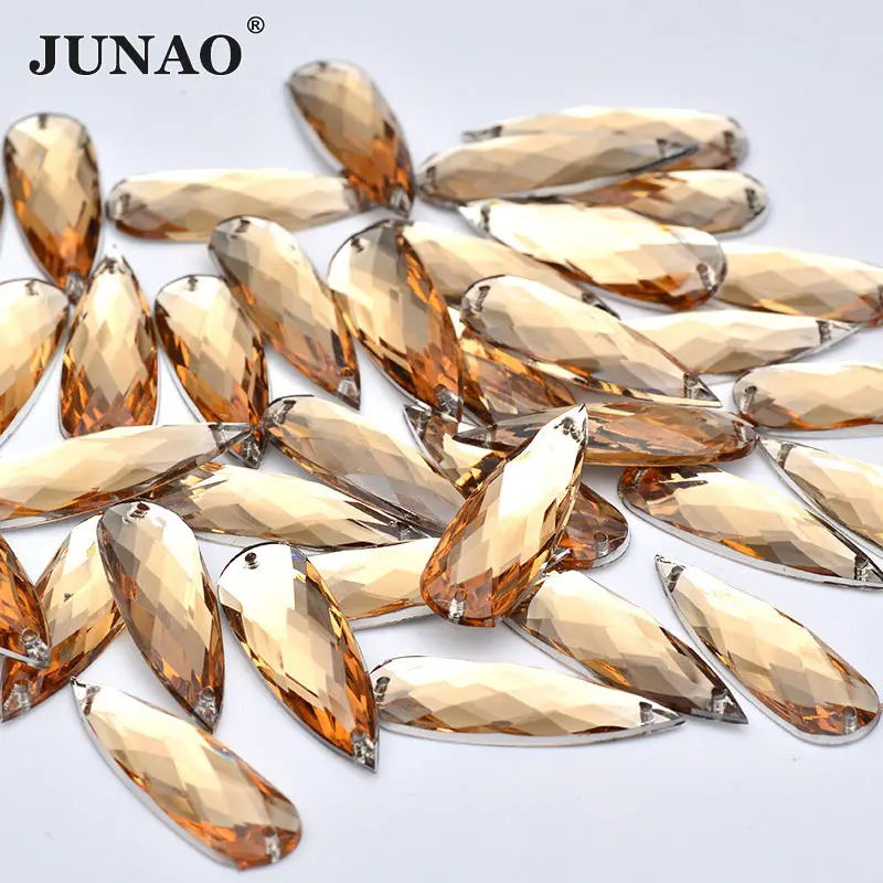 JUNAO 10*30mm 20Pcs Champagne Color Sewing Teardrop Rhinestone Appliques Flat Back Acrylic Gems Sewn Crystal Stones for Clothes