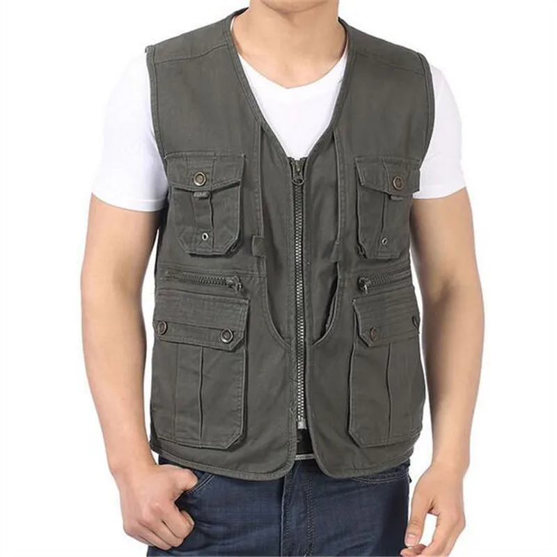 Male Sleeveless Multi Pocket Zip Travelers Working Photography Cotton Vest Casual Men's V-neck Waistcoat