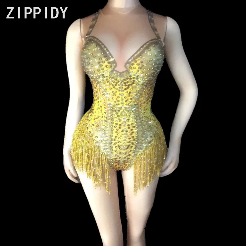 Body Sexy et extensible pour femmes, tenue Unique avec des franges dorées et des strass, tenue de soirée, de bal, de discothèque, de chanteur, de danse, de spectacle