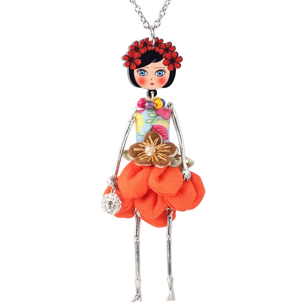 Bonsny Statement Flower Doll Necklace Dress Handmade French Doll Pendant News Alloy Girl Women Flower Fashion Jewelry Gift