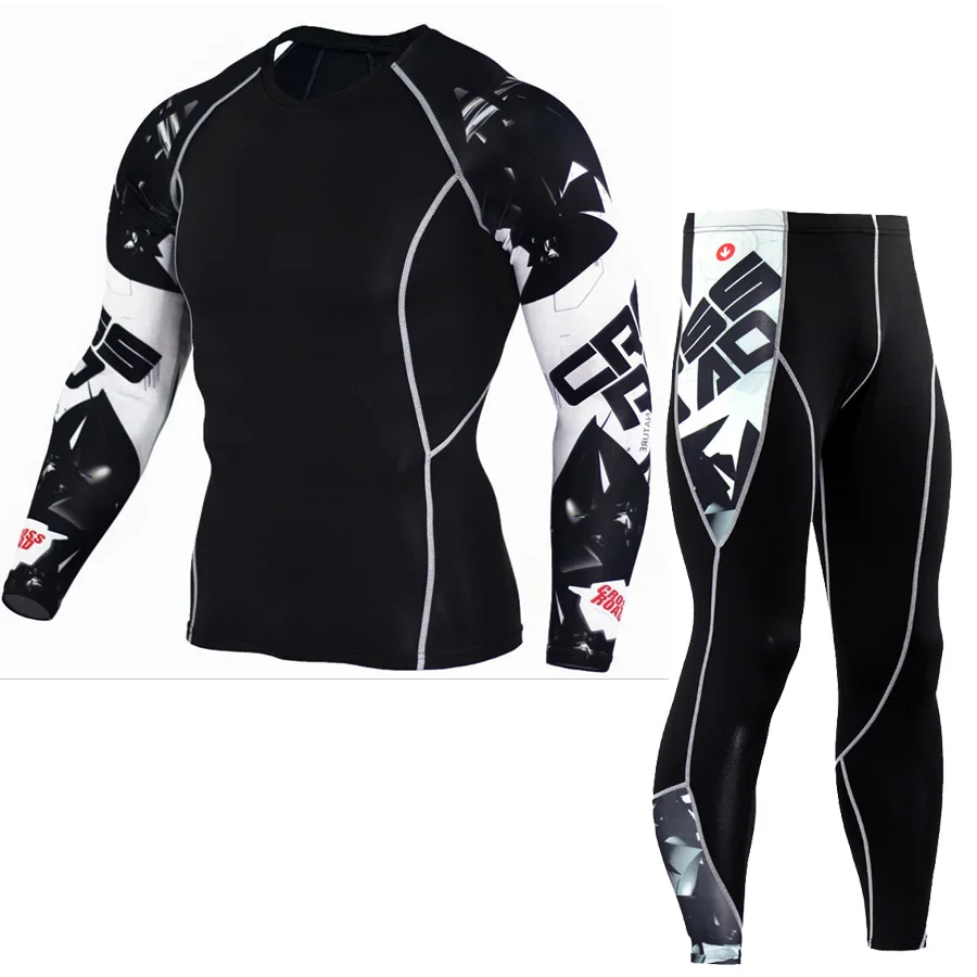 2pcs Mens Set Compression Long Sleeve Shirt + Leggings Gym Workout Sportswear Base layer Rashgard Kit Male Winter Sports Suits