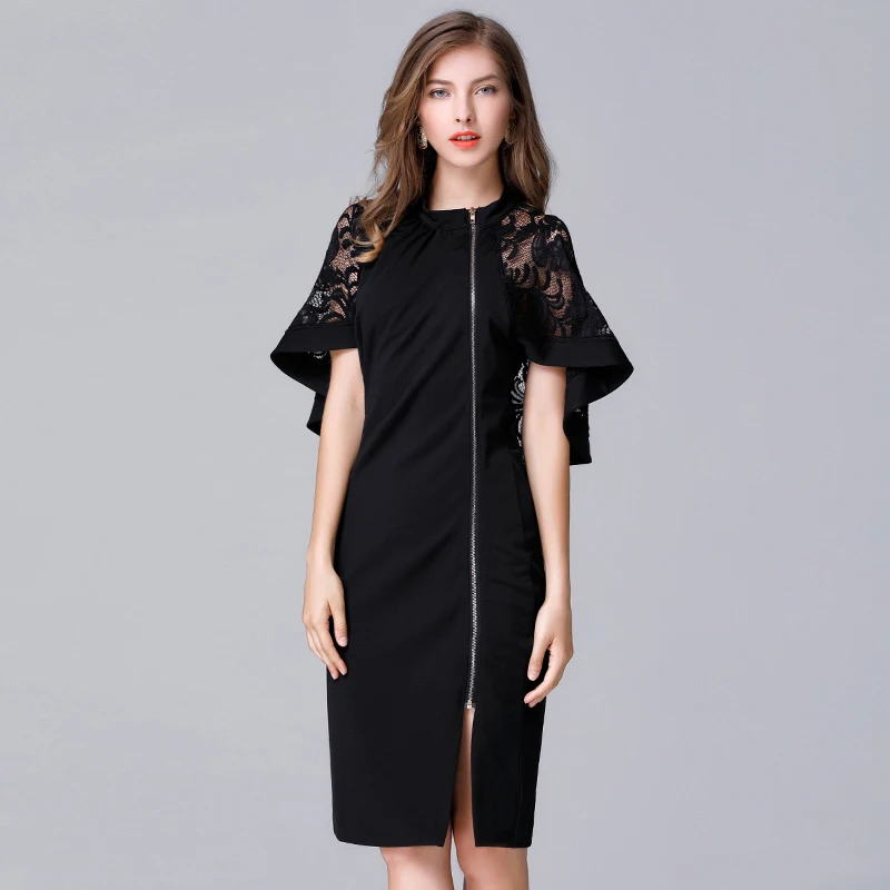 TAOYIZHUAI 2019 New Arrival Spring Casual Style Front Zipper Irregular Plus Size Black Hollow Out Half Sleeves Women Dress 11560