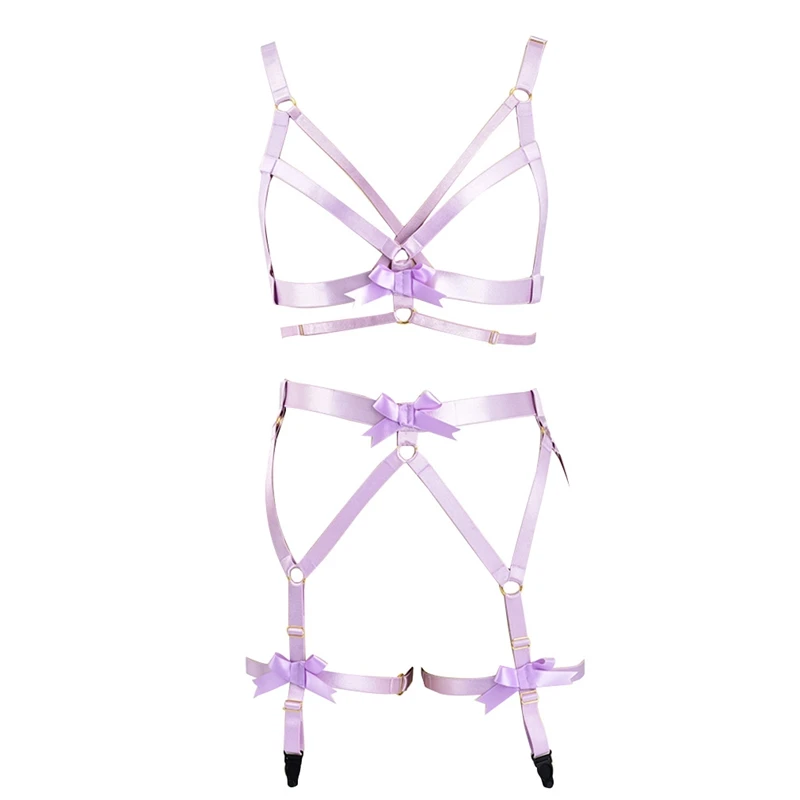 Purple Bow Strap Body Harness Garter Set Full Bondage Lingerie Elastic Adjust Sexy Harness Bra Goth Fetish Belt Festival Rave