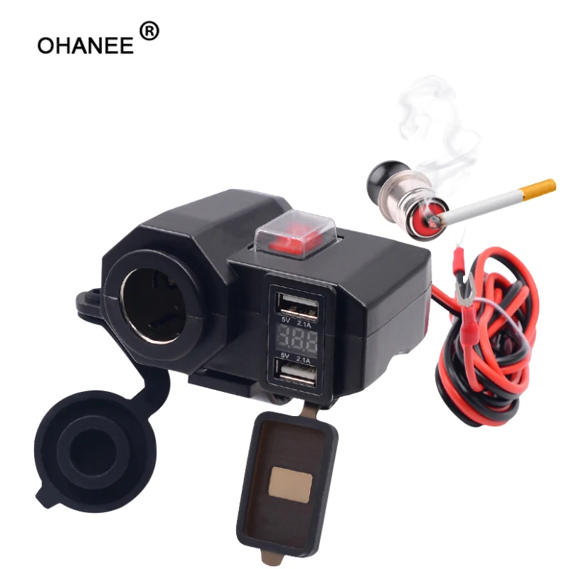 OHANEE Motorcycle USB Charger phone 12V/24V Cigar Lighter Socket Dual USB moto Charger LED Voltmeter waterproof Car-Styling