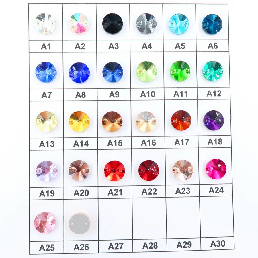 Rivoli runde Glas-Kristall-Flachsteine mit 2 Löchern, 6 Größen, zum Aufnähen, Strass-Perlen, Kristalle für Hochzeitskleider, Schuhe, Taschen, DIY – Detail 3