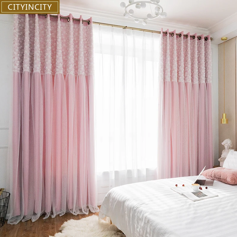 

CITYINCITY Blackout + LACE Curtains For Living room Double layer elegant white Small daisy Lace kids curtain for bedroom women