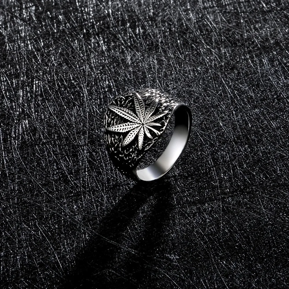 Maple Leaf Mens Stainless Steel Ring Hip hop Punk Style Gold Color Signet Ring For Rocker Mujer