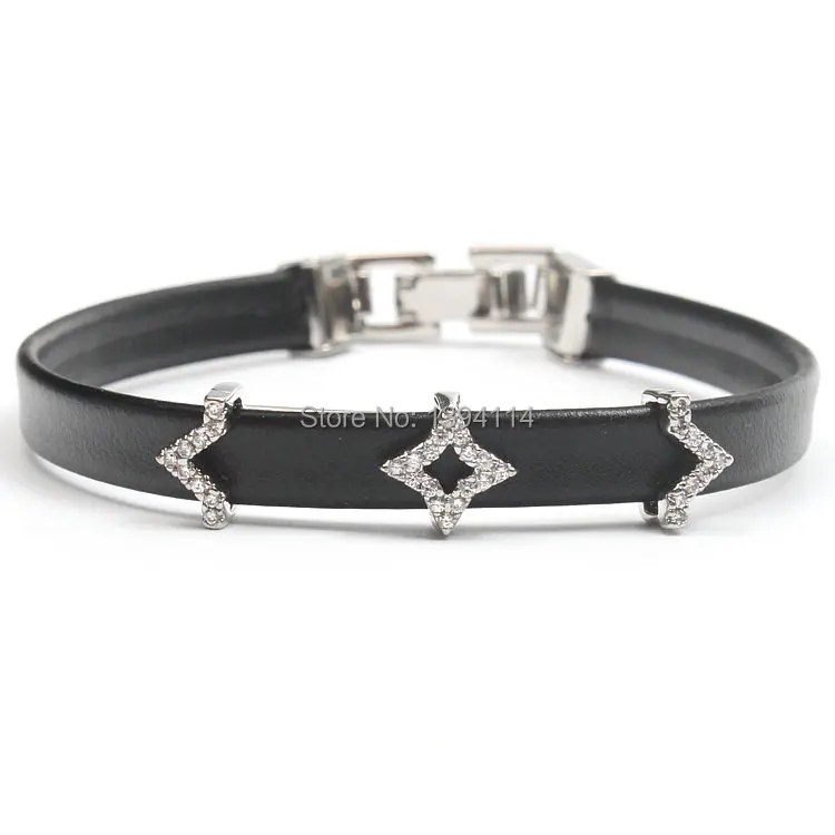 Micro Pave Clear CZ Starlight Arc Tube Strand Bracelet Stringed Leather Cord Fold Over Clasp Approx 6-8 Inches