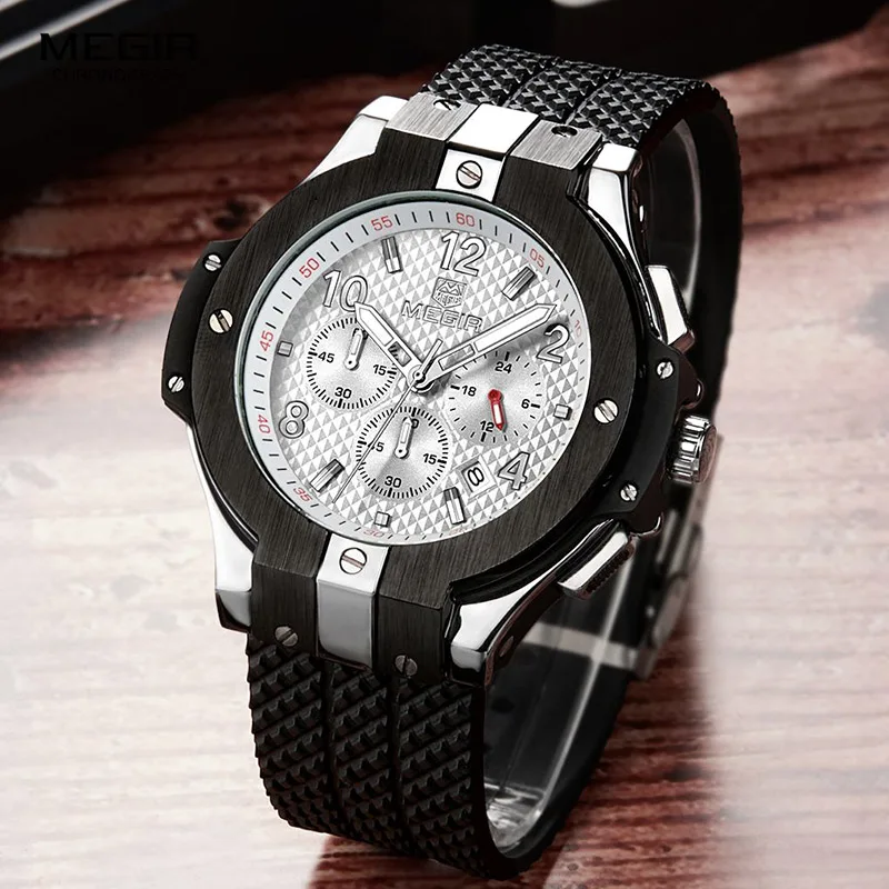 MEGIR Chronograph Sport Watch Men Creative Big Dial Army Military Quartz Watches Clock Men Wrist Watch Hour Relogio Masculino