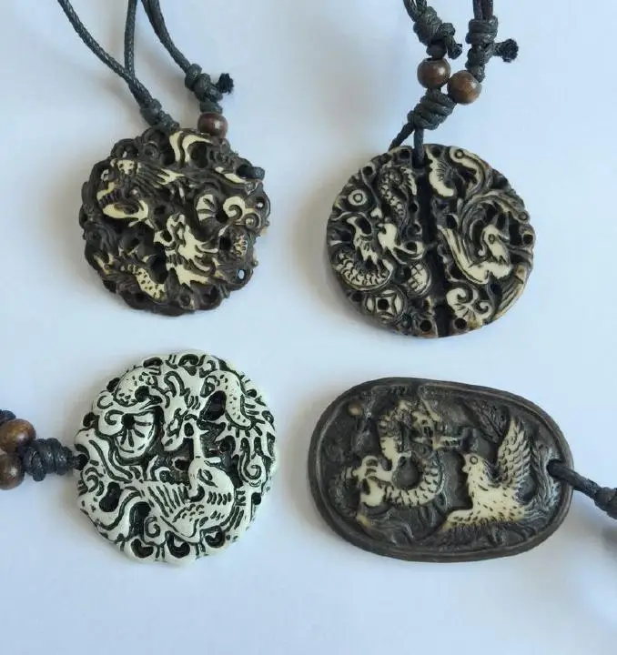 30 PCS Vintage Personality tibet bone powder Amulet Chinese Dragon Phoenix Necklace