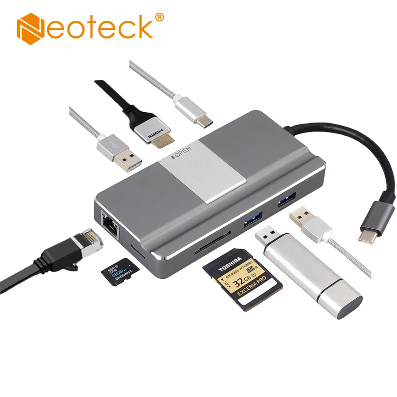 Neoteck USB C Hub 8-In-1 Type C Hub with Ethernet Port 4K USB C to HDMI-Compatible SD/TF Card Reader USB-C Power Delivery