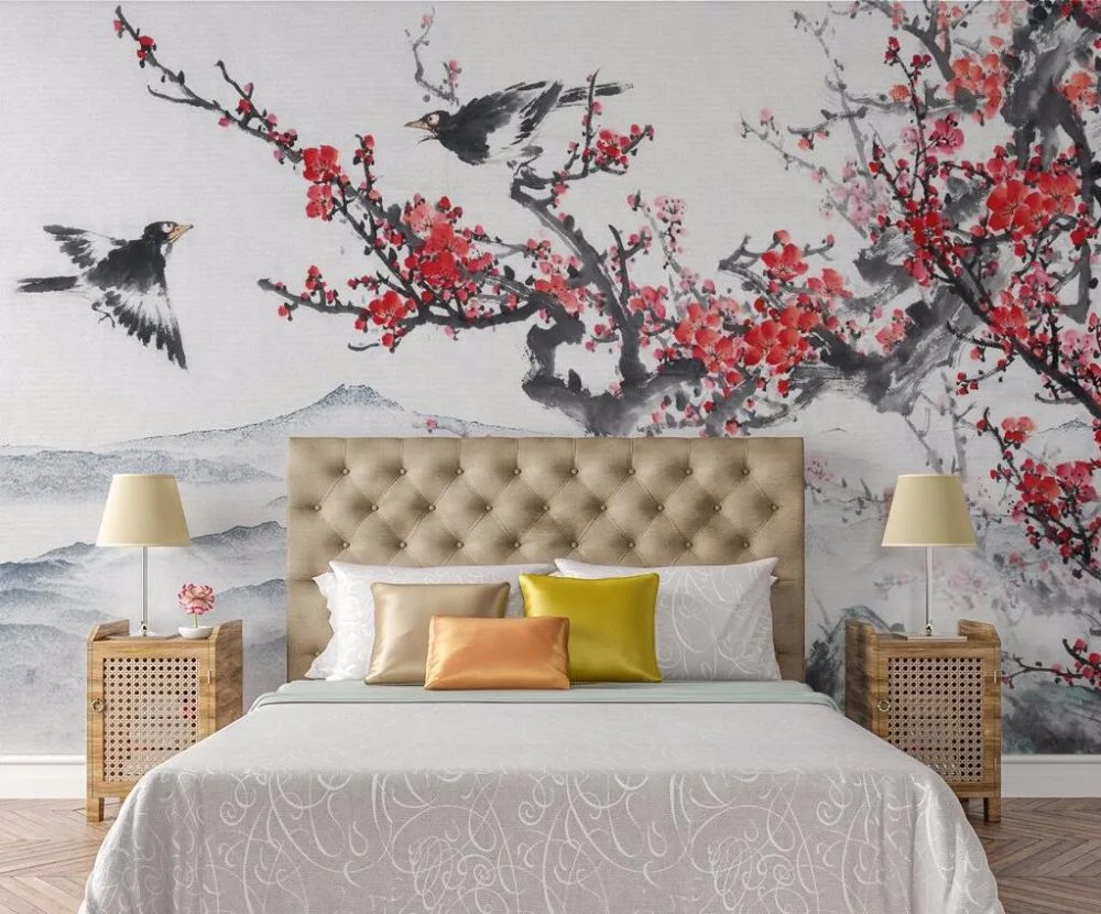 Beibehang Custom wallpaper Chinese flower and bird ink hand-painted plum landscape TV couch background wall murals 3d wallpaper