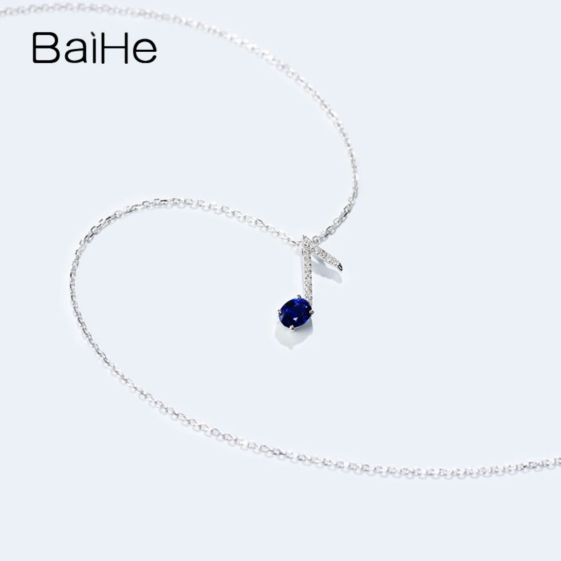 BAIHE Solid 18K White Gold 0.40CT Oval Natural Sapphire Women Fine Jewelry Musical notes diamond sapphire pendant Necklaces