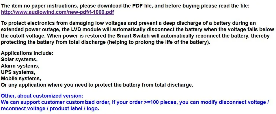 Low Voltage Disconnect Module LVD, 24V 10A, Protect/Prolong Battery Life.