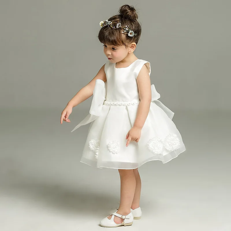 

Latest Bow Girl Dresses Baby Solid White Ball Sleevless Vestido For 1 Year Birthday Party Formal Baby Clothes 154715