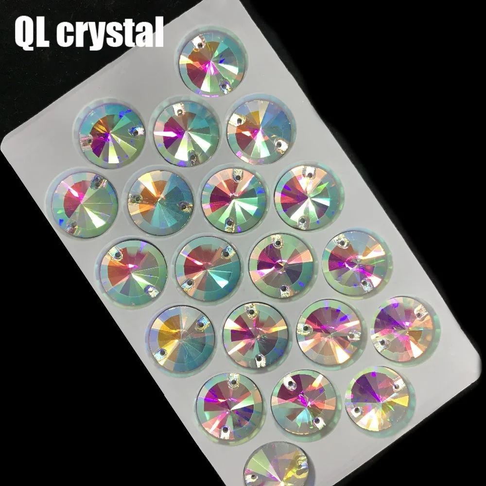 QL Crystal 18mm  Rivoli Sew On Rhinestones Clear AB Crystal Flatback 2 holes round for DIY wedding dress bags shoes accessories