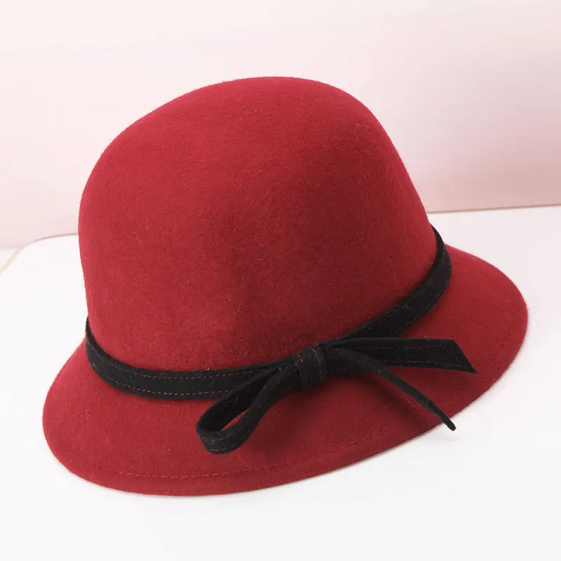 

Girls Fedoras Wool Hat Vintage Bowler Wool Elegant Bow Bonnet Cap Fisherman's Hat Version Autumn Winter Fedoras Cap B-8932