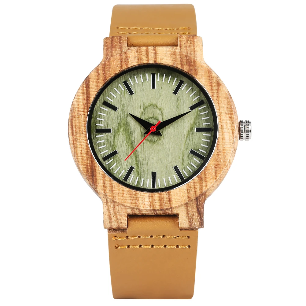 

Men's Nature Wooden Quartz Watch Green Case Watches Genuine Leather Strap Bamboo Wristwatch for men women