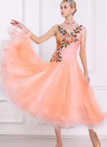 Robe de danse orange bouffante à manches longues, élégante, personnalisée, pour concours de tango, de lotus, de valse, de salle de bal, perles faites à la main