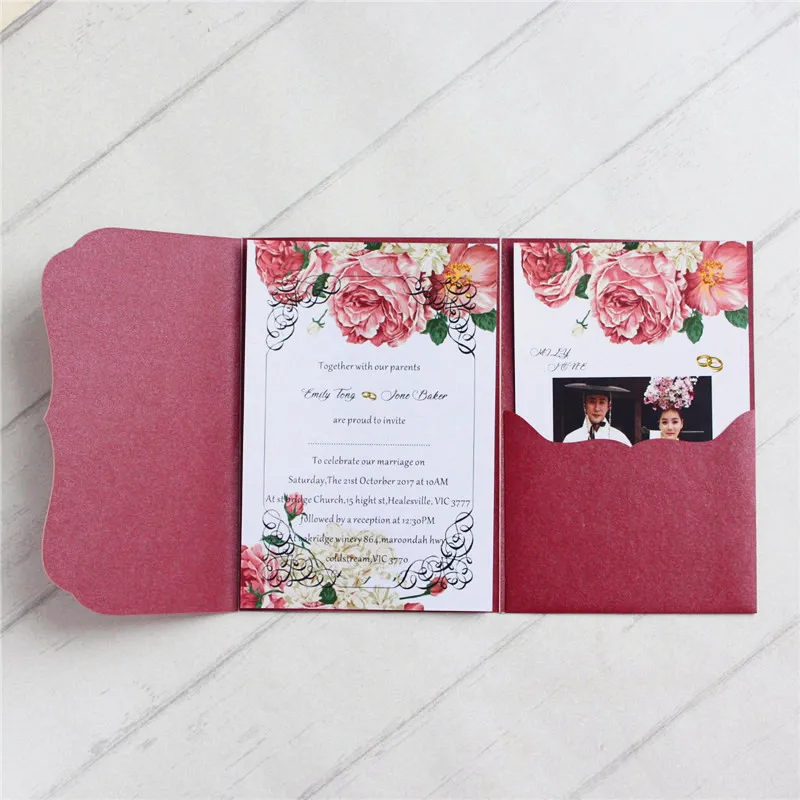 

Burgundy cards invitations pockets tri-folded wedding invitation kits multi colors offer customized printing