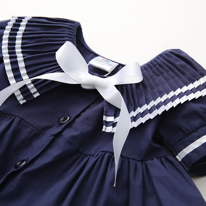 2024 Summer 2 3 4 5 6 8 10 Years Children Cute Short Sleeve Botton Bow Sailor Collar Patchwork Navy Blue Little Kids Girls Dress